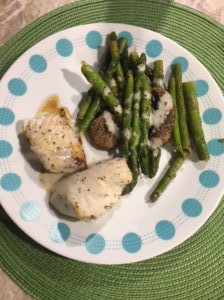 Traeger Cod , esparagus and mushrooms