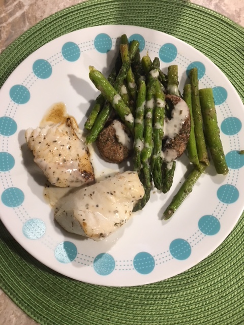 Traeger Cod , esparagus and mushrooms